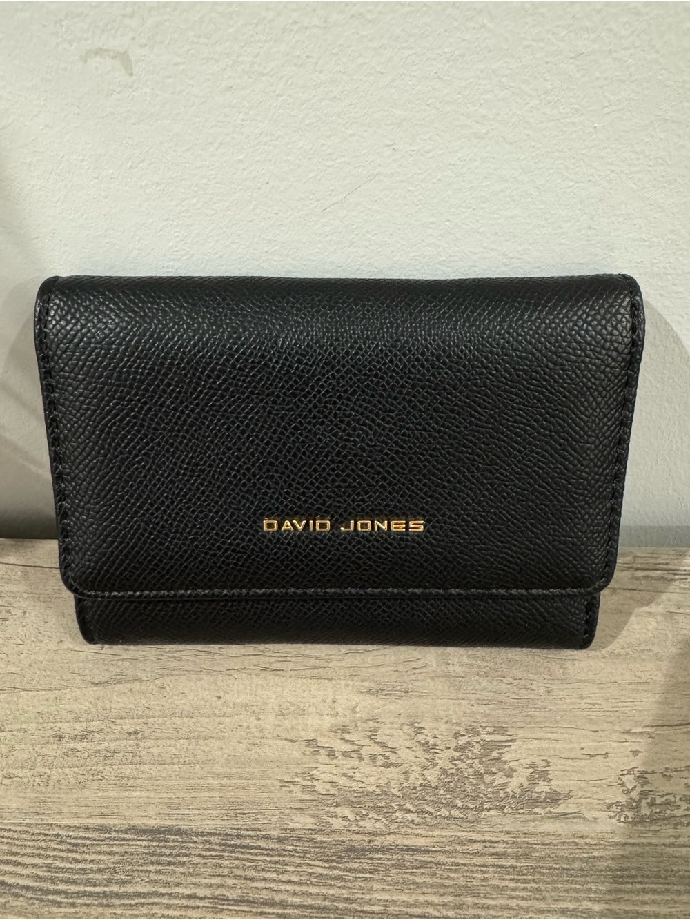 David Jones Black Textured Leather Trifold Wallet with Gold Logo